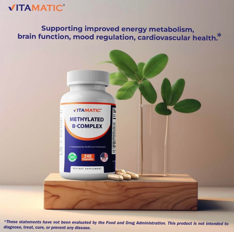 Vitamatic Methylated B-Complex Vitamins – 240 Capsules | Includes Methyl B12, L-5-MTHF Folate, Choline, Inositol, B1, B2, B3, B5, B6, Biotin | 10 in 1 B Complex Supplement | Made in USA