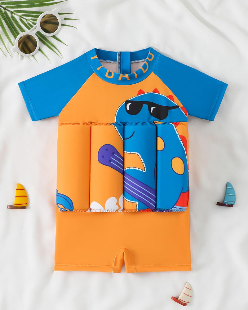 Toddler Floatation Swimsuit Boys 1-6T, One Piece Float Suit with Built-in Floats, UPF 50+ Floating Bathing Suit Orange Dinosaur 1-2T - BeesActive Australia