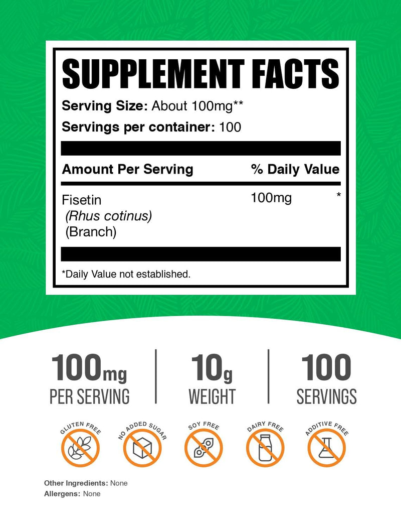 BulkSupplements.com Fisetin Powder - Nutritional Supplement, Fisetin 100mg, Antioxidants Source - Pure & Gluten Free, 100mg per Serving, 10g (0.35 oz) (Pack of 1) 0.35 Ounce (Pack of 1)