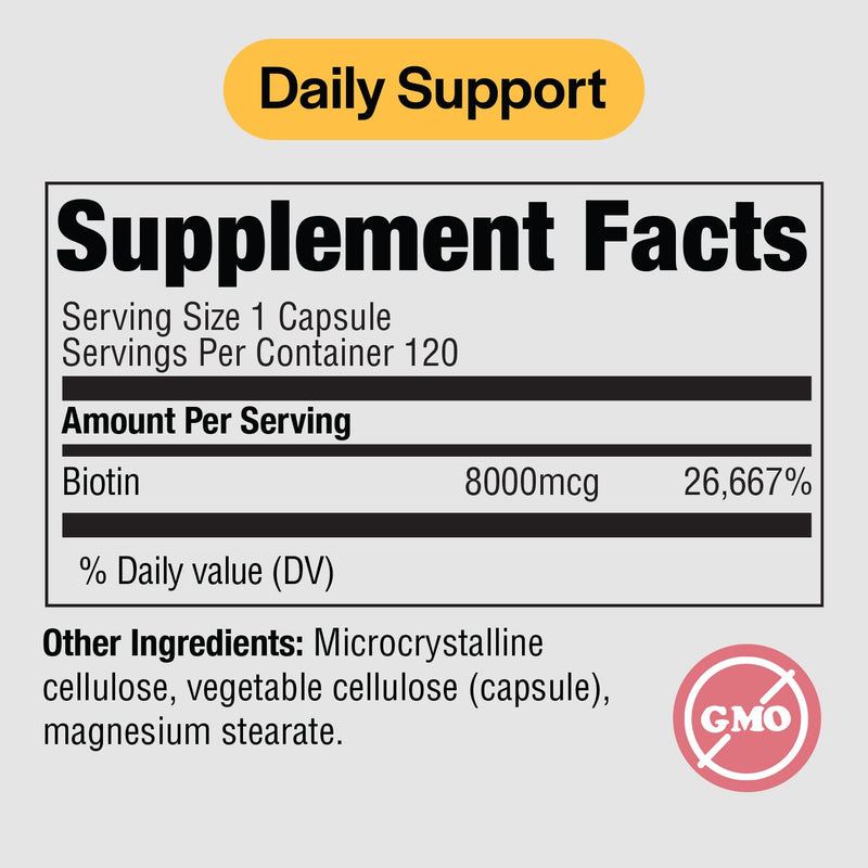 PureFormulas Biotin 8000 mcg Hair Skin Nails Biotin Supplement Biotina, Biotin Hair Growth Vitamins B7 Supplement for Women & Men 120 Capsules (Pack of 2) 120 Count (Pack of 2)