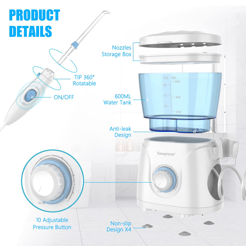 Water Flosser Oral Irrigator, 600 ml Large Capacity, 10 Adjustable Pressures, Electric Flosser for Teeth/Braces, 8 Home Nozzles Oral Irrigator(White) White - BeesActive Australia
