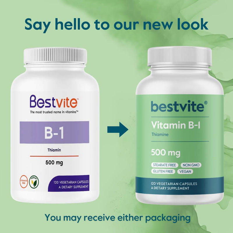 BESTVITE Vitamin B-1 (Thiamin) 500mg (120 Veg Caps) - No Fillers | No Stearates - Vegan - Non GMO - Gluten Free - No Silicon Dioxide - Supports Energy Metabolism* 120 Count (Pack of 1)