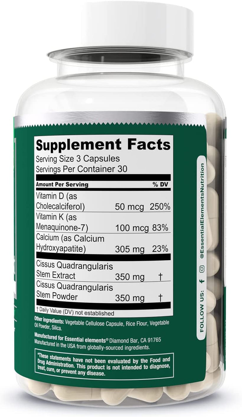 Essential Elements Bone Boost Bone Health Supplement - Bone Support and Calcium Supplement with Vitamin D 3, K2, Cissus Quadrangularis for Bone Strength - 90 Capsules (30 Day Supply) 90 Count (Pack of 1)