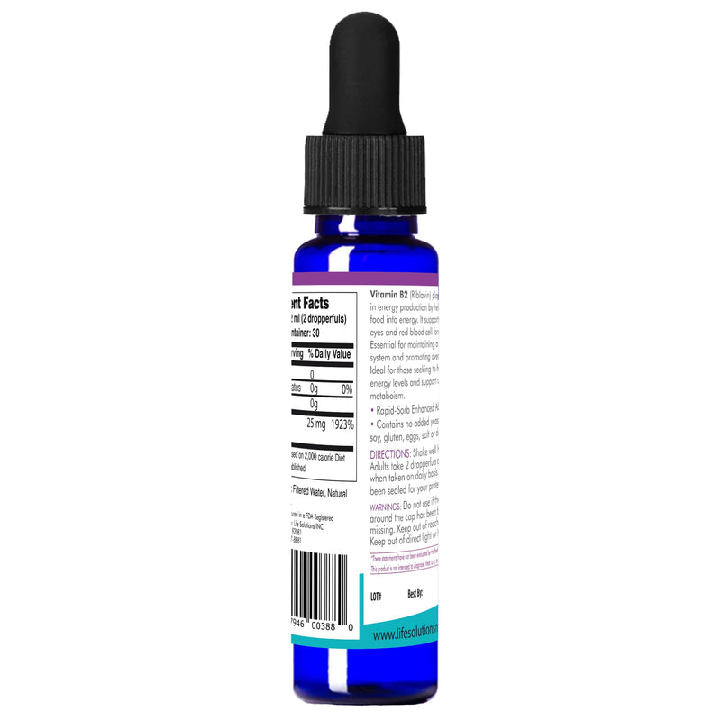 Life Solutions Liquid Vitamin B2 Riboflavin 25mg - 2 fl oz | 50mg Liquid Vitamin B2 (Riboflavin) with Rapid-Sorb technology for superior absorption & energy support.