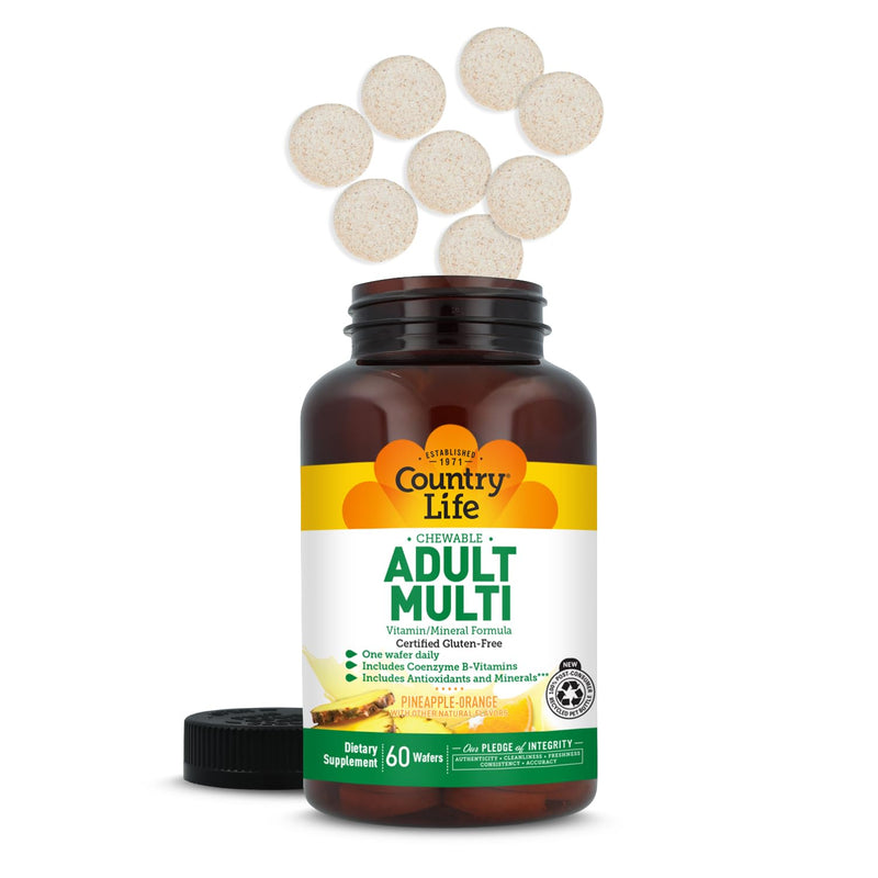 Country Life Adult Chewable Multivitamin, Pineapple Orange, 60 Wafers | 60 servings with coenzyme B vitamins, antioxidants and minerals in one daily wafer; certified gluten free and vegetarian