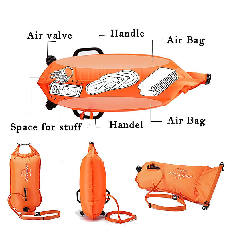 NuCamper Swim Buoy for Open Water Swimmers With Adjustable Waist Belt, Waterproof Dry Bag, Swim Bubble For Safty Swimming, Training Snorkeling, Kayaking, Boating,Beach Bags Large Capacity 28L Orange