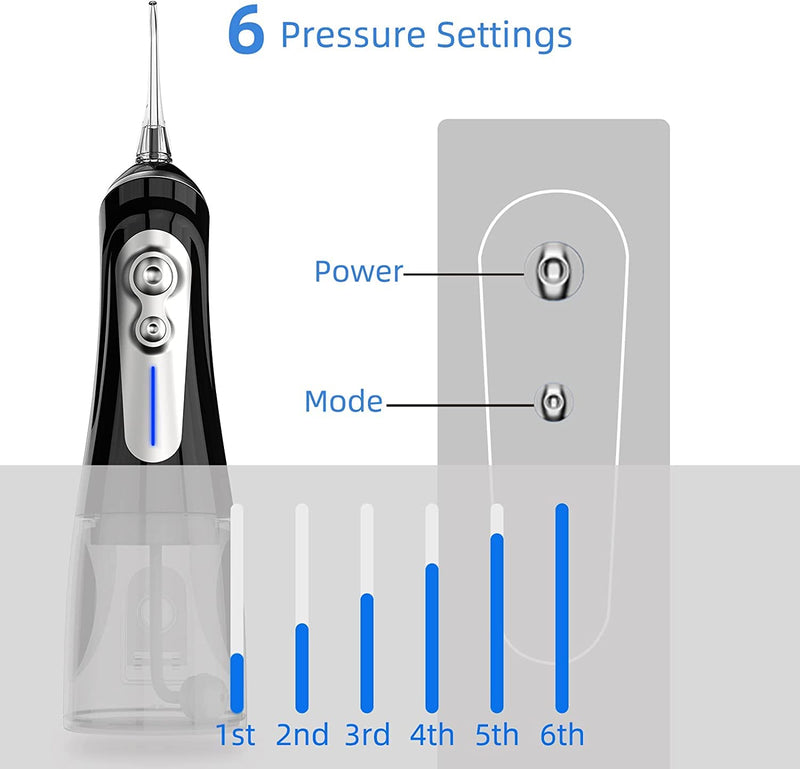 Flosser Cordless for Teeth Pick Cleaning - Powerful Oral Irrigator with 6 Adjustable Modes,320ML Portable & Rechargeable IPX7 Waterproof Cleaner Picks for Home Travel (Black)