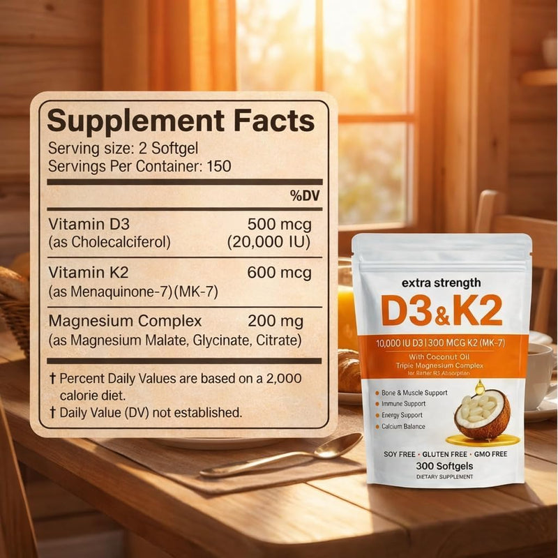 Vitamin D3 K2 Magnesium Complex, Extra Strength D3 & K2 with Triple Magnesium Softgels, D3 K2 Vitamin 10000 IU Softgels(1) 1