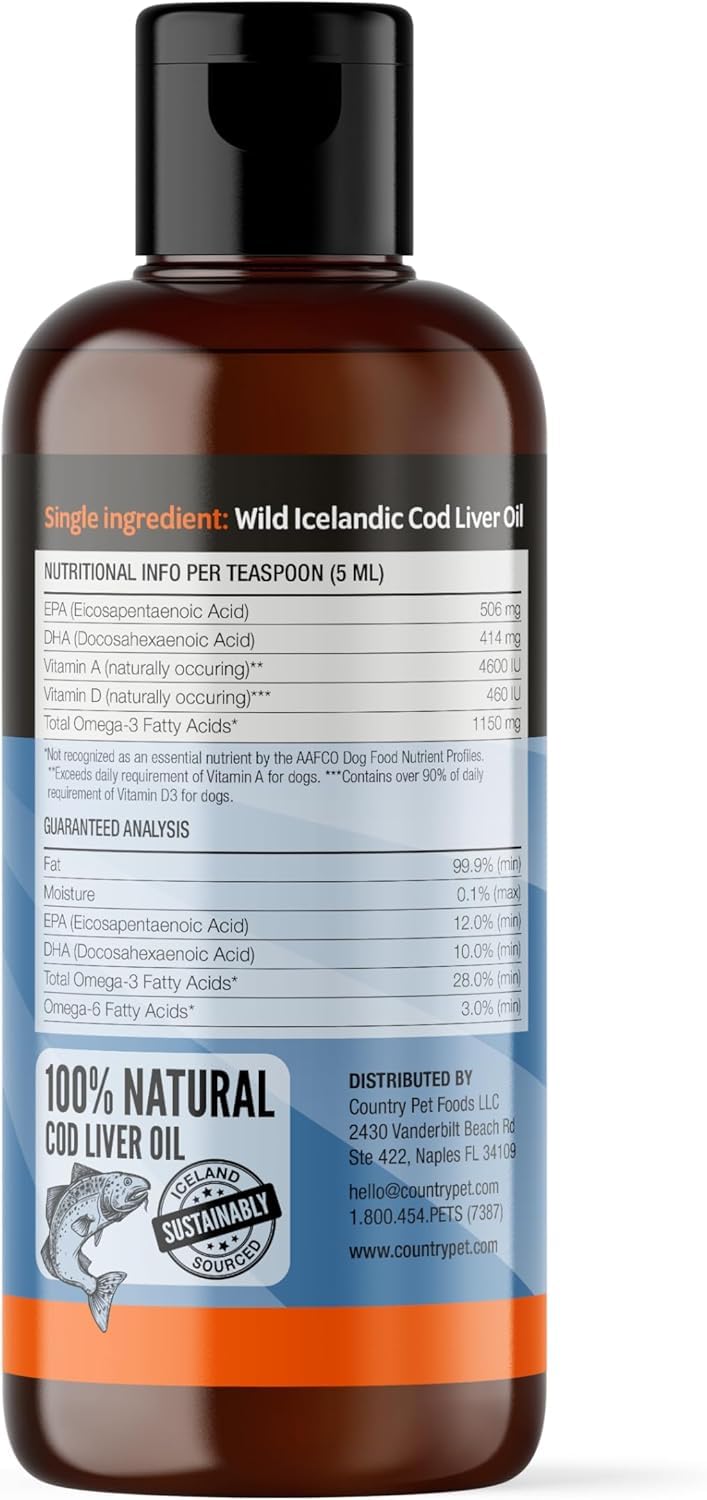 Wild-Caught Pure Icelandic Cod Liver Oil for Dogs & Cats 8oz, Single-Ingredient, 1150 mg Omega-3, High EPA/DHA, Natural Vits A&D, Supports Healthy Skin, Coat & Mobility, 8oz bottle 8 oz