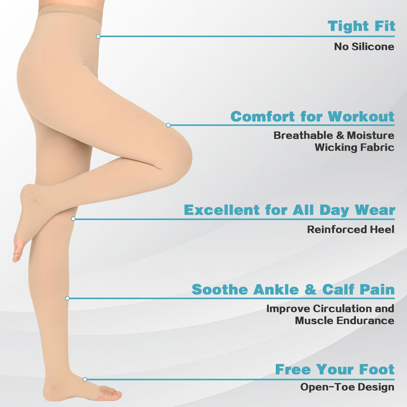 KTINNEAD 20-30 mmHg Compression Pantyhose for Women, Open Toe Medical Compression Stockings, Waist High Opaque Compression Tights for Edema, Varicose Veins, Swelling, Pregnant, Teacher, Doctor Beige2 M - BeesActive Australia