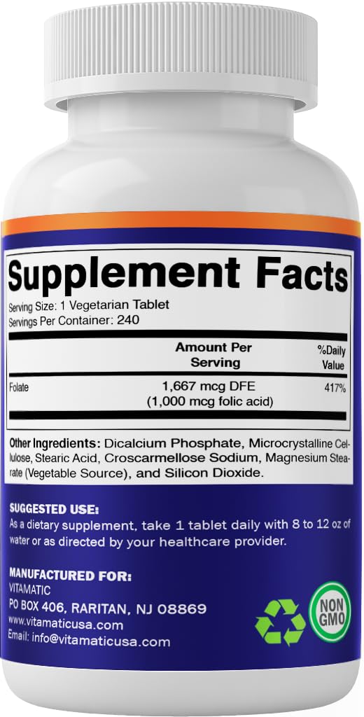 Vitamatic Folic Acid 1000 mcg (1 mg), 240 Vegetarian Tablets | Vitamin B9 | 1667 mcg DFE Folate, Support Healthy Cell Growth*, Red Blood Cell Formation*, Gluten Free, Non-GMO, Made in USA 240 Count (Pack of 1)