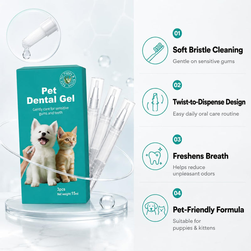 Pet Teeth Cleaning Gel for Dogs and Cats, 3 Pcs – Remove Bad Breath, Plaque & Tartar – No Brushing Needed, Fresh Breath Spray Alternative – Gentle Oral Care for Puppies, Kittens, Small & Large Pets white