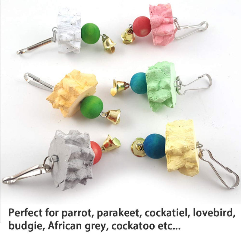 6PCS Bird Grinding Beak Calcium Stone with Bell Rat Mineral Lava Block Trimming Teeth Chewing Toys for Chinchilla Bunny Budgie Cockatiel Parakeet Parrot(Random Delivery of Color)