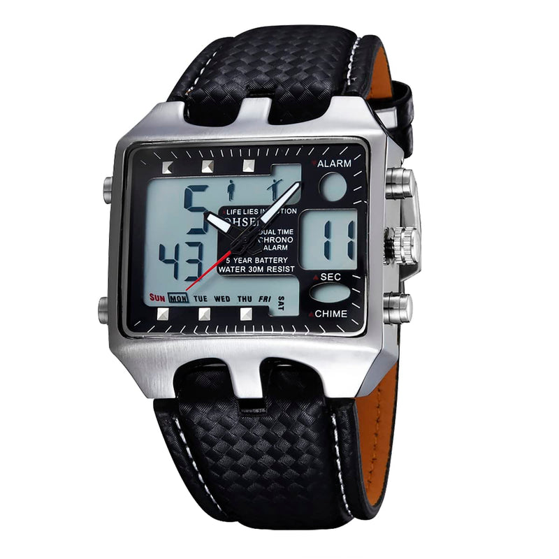 ShoppeWatch Mens Soccer Referee Watch Big Square Face LED Dual Time Analog Digital Light Up Dial Stopwatch Leather Band Reloj Deportivo para Hombre Cronometros Wacht Black Dial
