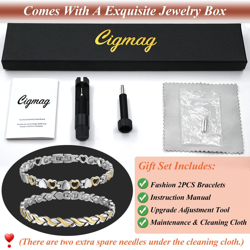 Magnetic Bracelets for Women Titanium Bracelet Strength Magnet with Adjustable Tool (2 PCS) Silver Gold Fish Tail - BeesActive Australia