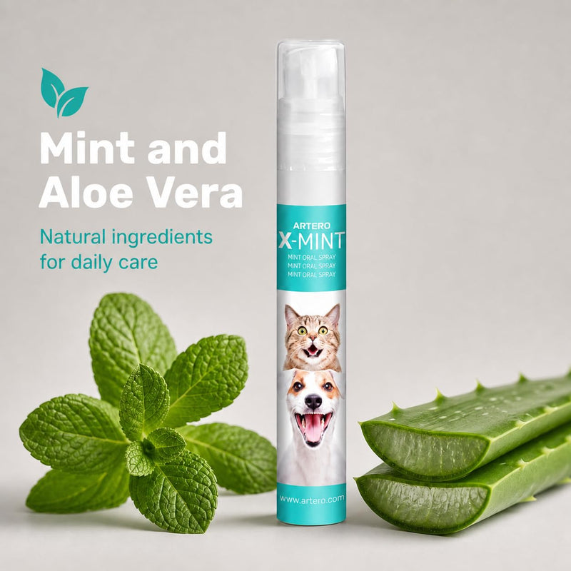 ARTERO X-Mint. Instantly removes bad breath from your dog or cat. Maintains oral hygiene. Pleasant taste. Protects enamel. Easy to apply with diffuser spray.