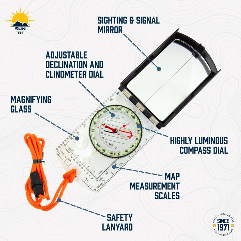 Sun Company ProSight Sighting Map Compass with Adjustable Declination - Lightweight Orienteering Baseplate Compass for Hiking, Backpacking, and Survival Navigation | Professional Grade - BeesActive Australia