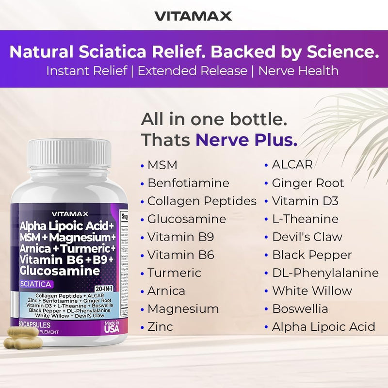 Sciatic Nerve Health Support - Sciatic Nerve Supplement Capsules with Folic Acid, Pea, Glucosamine, MSM, Vitamin B Complex, Alpha Lipoic Acid 300mg – 60ct – Made in USA 60 Count (Pack of 1)