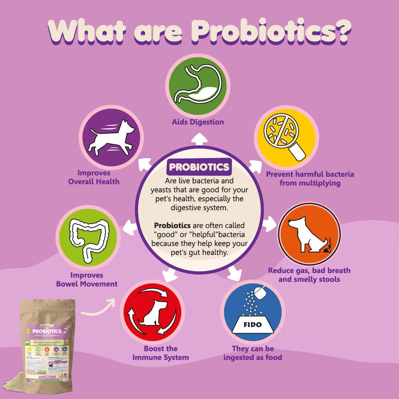 Probiotics for Dogs & Puppies–Extra Strength 9 Species, 5 Billion CFU per Scoop of Powder Digestive Enzymes for Dogs. Gut Fiber & Allergy Relief Pouch (135 Serves)