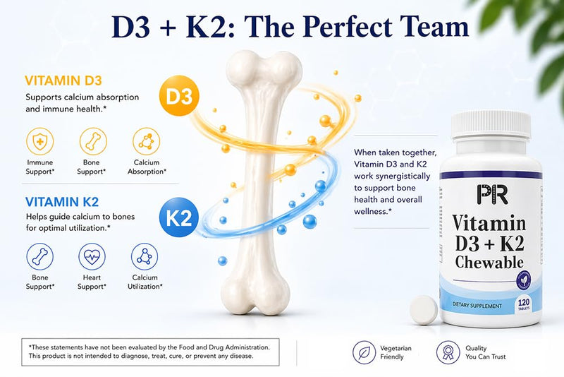 D3 + K2 Chewable Bone, Heart Calcium Absorption, Delicious. | High Potency, Bone, Heart & Immune Support, Vitamin K2 MK-7, Gluten-Free, USA