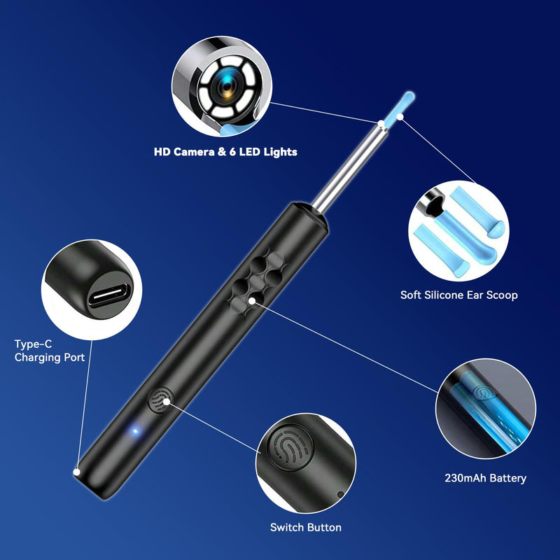 1080P HD Ear Camera with 6 LED Lights - Waterproof Rechargeable Otoscope Tool, Ear Wax Removal Kit with 8Pcs Ear Care Set for iOS & Android Ear Cleaner A - BeesActive Australia