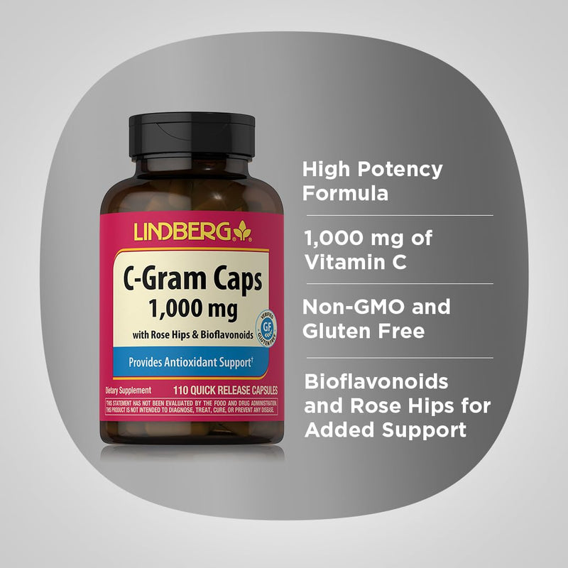 Piping Rock Vitamin C | 1000mg | 110 Capsules | with Bioflavonoids and Rose HIPS | Non-GMO, Gluten Free Supplement | by Lindberg