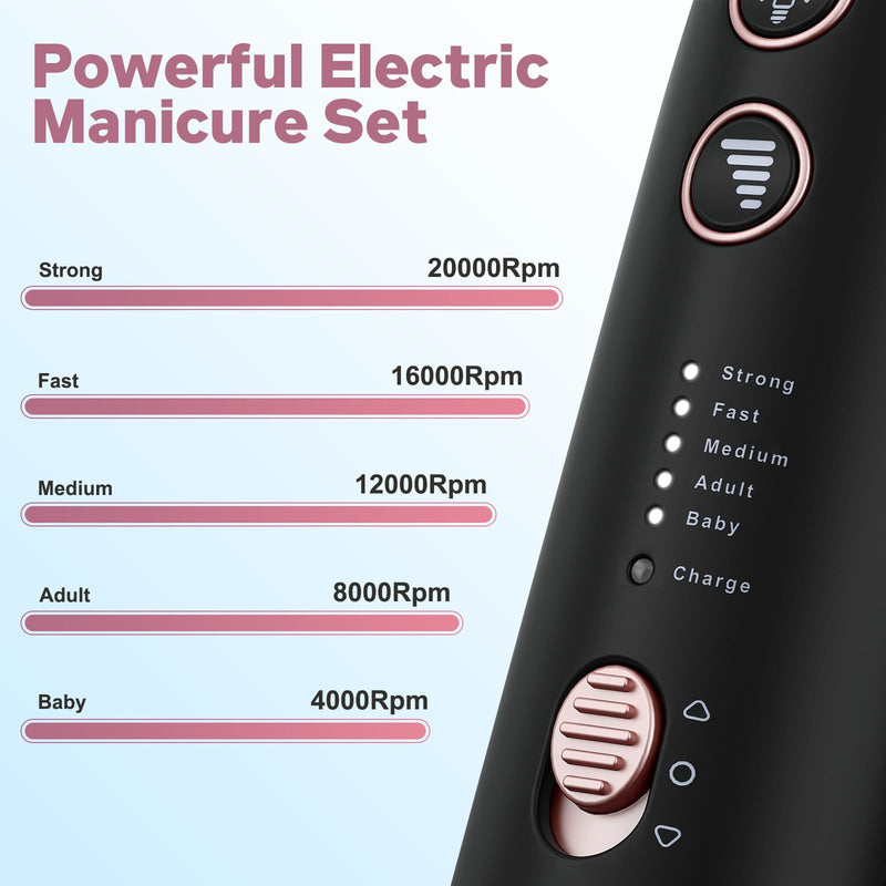 AOMEES Electric Nail File Kit, Rechargeable Professional Manicure Pedicure Kit, 5 Speeds Hand Foot Care Tool for Nail Grind Trim Polish - with 100Pcs Fine Grit Nail File Sanding Tape Black - BeesActive Australia