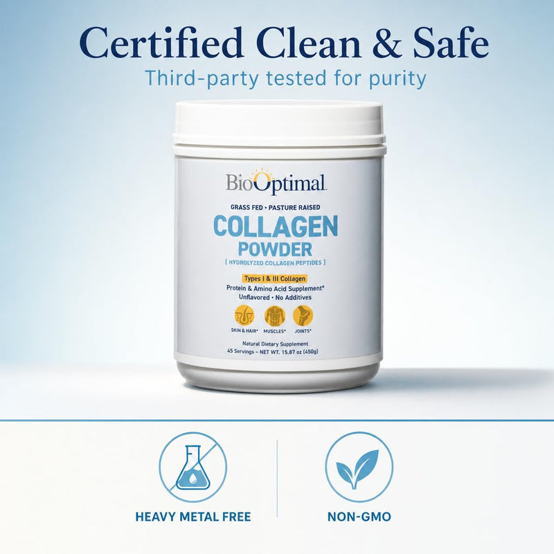 BioOptimal Grass-Fed Hydrolyzed Collagen Powder, Unflavored, Skin & Joints | Hydrolyzed Type I & III; 10g per scoop; 30 servings; non-GMO; gluten-free; no sugar or preservatives; GMP certified