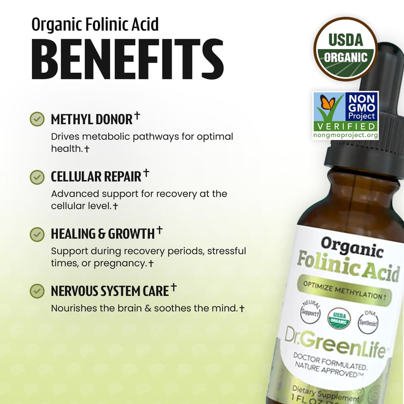 Dr. Green Mom Folinic Acid For Kids & Adults — High Dose — MTHFR-Friendly Folic Acid Alternative — Organic Liquid Drops — 500 mcg/Drop — Vitamin B9 for Methylation, Neurological & DNA Support, 1 fl oz