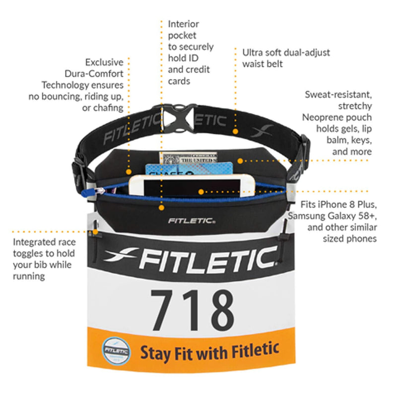 Fitletic Neo Race Belt, Black & Blue | Unique No Bounce Design for Marathon, Triathlon, Trail, 5k, 10k | Running Belt | N01R-04