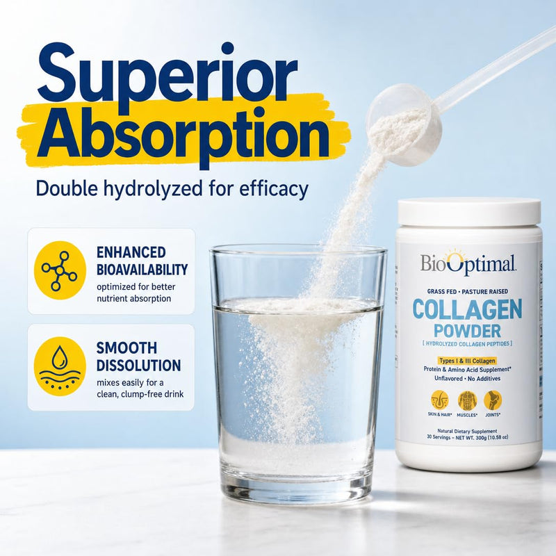 BioOptimal Grass-Fed Hydrolyzed Collagen Powder, Unflavored, Skin & Joints | Hydrolyzed Type I & III; 10g per scoop; 30 servings; non-GMO; gluten-free; no sugar or preservatives; GMP certified