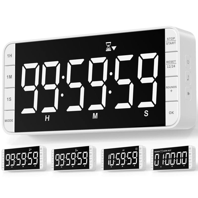 Rechargeable Kitchen Timer - 7.8" Extra Large Display, Magnetic LED, 5 Alarms, 99H Countdown/Countup for Cooking, Classroom, Home Gym White - BeesActive Australia