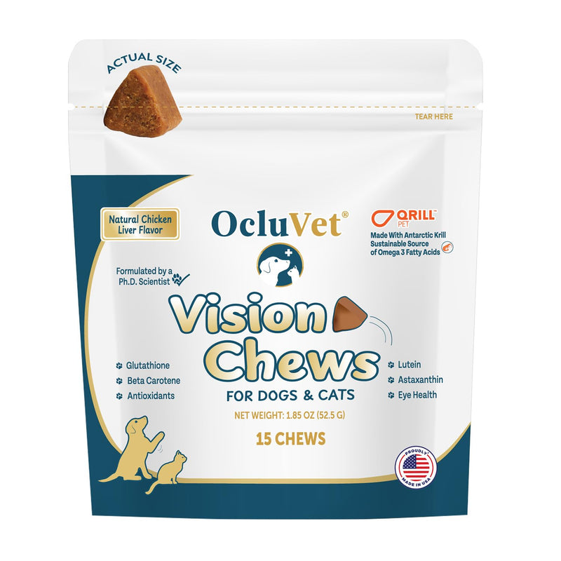 OcluVet Vision Chews Eye Supplements for Dogs & Cats, Natural Chicken Flavor, Contains Omega 3, Lutein, Antioxidants, & More, Cat & Dog Eye Supplements, No Preservatives, Made in USA, 1 Bag, 15 Chews 15 Chews – Bag