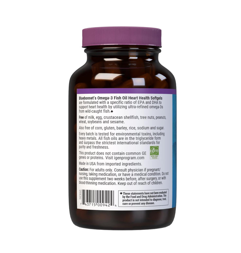 Bluebonnet Nutrition Omega-3 Heart Formula Natural Wild Caught Triglyceride Form DHA 600 mg EPA 800 mg - Highly Concentrated Heart Health Support Supplement - Gluten-Free - 60 Softgel | Heart Health; Gluten-Free, Soy-Free