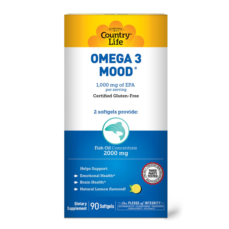 Country Life Omega 3 Mood Fish Oil, 2000mg, 90 Softgels | EPA & DHA for Brain, Heart & Mood Support, Lemon Flavor, No Fishy Aftertaste, Gluten Free, Non-GMO