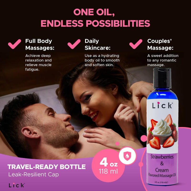 Lick Strawberries and Cream Flavored Massage Oil ‚Äì Romantic, Body Safe, Non-Greasy Formula, Date Night 4 oz 4 Fl Oz (Pack of 1) - BeesActive Australia