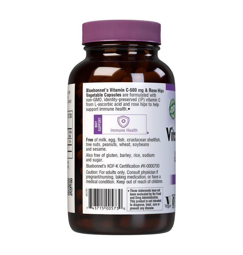 Bluebonnet Vitamin C 500 mg Plus Rosehips Vegetable Capsules, 180 Count | for Immune Health & for Antioxidant Protection; Non-GMO, Vegan, Kosher Certified, Gluten-Free, Soy-Free, Dairy-Free