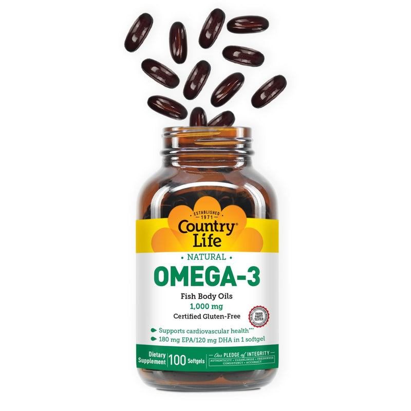 Country Life Omega-3 Fish Oil 1000 mg, EPA DHA, 100 Softgels | Burpless formula provides 180 mg EPA and 120 mg DHA per softgel for cardiovascular support Unflavored 100 Count (Pack of 1)