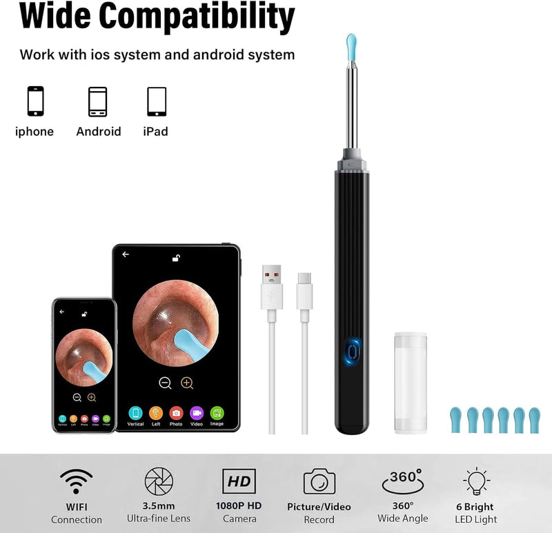 Ear Wax Removal - Earwax Remover Tool with 8 Pcs Ear Set - Ear Canal Cleaner with 1080P Camera - Ear Cleaning Kit with 6 Ear Scoops - Ear Wax Cleaner with Camera-Otoscope Ear Pick for iOS & Android - BeesActive Australia