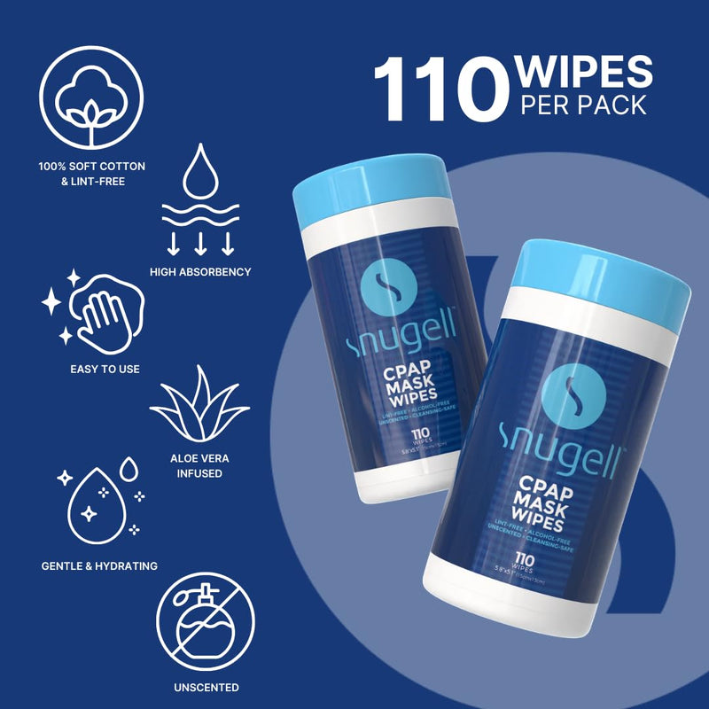 Snugell Unscented CPAP Mask Wipes ‚Äì 110 Count ‚Äì100% Soft Cotton ‚Äì Lint & Alcohol-Free ‚Äì Skin-Safe Formula with Aloe Vera ‚Äì Easy-to-Open Canister ‚Äì Perfect for Cleaning CPAP Masks, Tubes, and Devices 110 Count (Pack of 1)