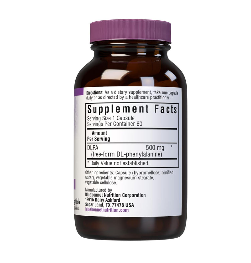 Bluebonnet Nutrition DLPA (DL-Phenylalanine) 500mg, Free-Form Amino Acid, for Nervous System Support, Soy-Free, Gluten-Free, Non-GMO, Kosher, Vegan, 60 Vegetable Capsules | Third-party tested for purity and potency; manufactured in the USA