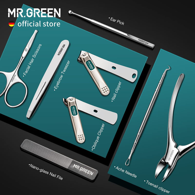 MR.GREEN Manicure Sets Pedicure Kits Stainless Steel Nail Clipper Personal Care Tools with PU Leather Case (Green) Green - BeesActive Australia