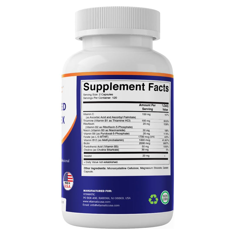 Vitamatic Methylated B-Complex Vitamins – 240 Capsules | Includes Methyl B12, L-5-MTHF Folate, Choline, Inositol, B1, B2, B3, B5, B6, Biotin | 10 in 1 B Complex Supplement | Made in USA