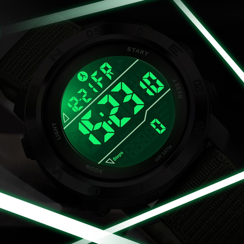 findtime Mens Digital Sport Watch Pedometer Step Counter Watches Military Minimalist Waterproof Tactical Outdoor Army Wrist Watch Dual Time Led Countdown Stopwatch Alarms Nylon Strap, No App Black