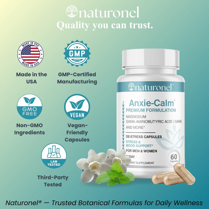 Anxie-Calm – Stress & Mood Support with Magnesium, GABA, Ashwagandha, Rhodiola, Lemon Balm & Chamomile | Advanced Dietary Supplement Formula | Non-GMO | Made in USA, GMP Certified (1) 1