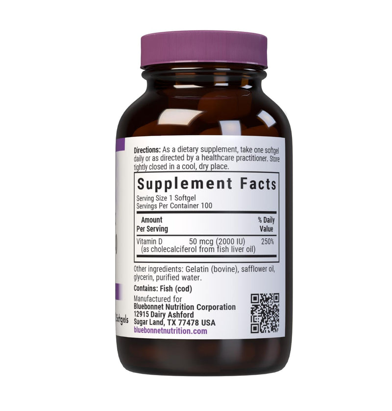 BlueBonnet Nutrition Vitamin D3 2000 IU, 100 Vegetable Capsules | Third-party tested for purity and potency; manufactured in the USA 100 Count (Pack of 2)