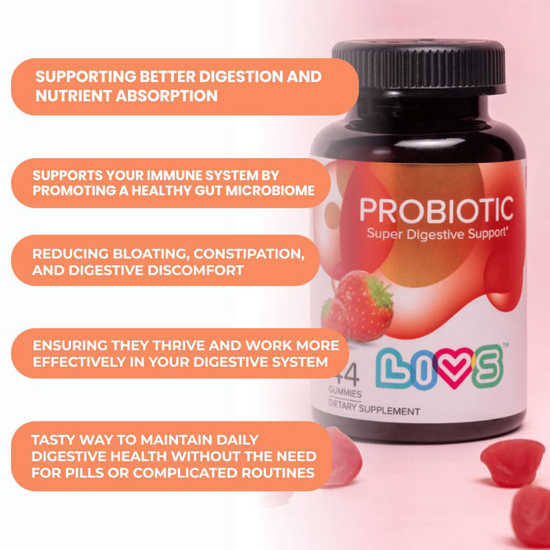 LIVS Probiotic Gummies for Women and Men – 5 Billion CFUs Bacillus Coagulans for Digestive Gut Health, Mood Support & Immune Boost | All Natural, Plant-Based, Vegan, Strawberry Flavor - 44 Count 1 Count (Pack of 1)