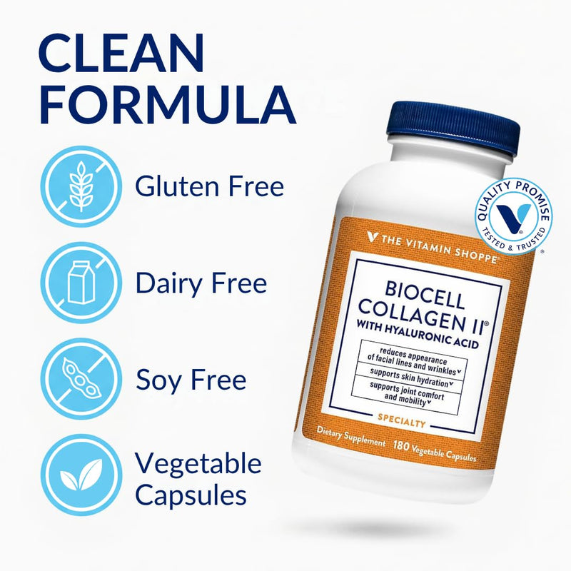 The Vitamin Shoppe Brand BioCell Collagen Capsules, 1000 mg, 180 Capsules | Hyaluronic Acid, 1000 MG Collagen per Serving, Supplement for Men and Women, Supports Daily Wellness, Gluten Free, Non GMO 180 Count (Pack of 1)
