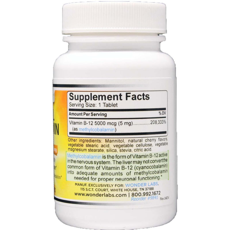 Wonder Laboratories Maximum Strength Methylcobalamin Vitamin B-12, Sublingual Vitamin B-12 5,000mcg 3rd Party Tested for Purity and Potency- 120 Tablets
