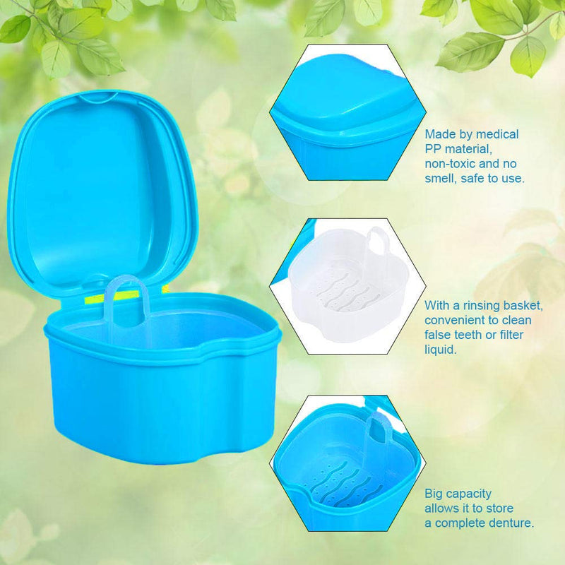 Denture Bath Box Cup, Complete Clean Care for Dentures, Clear Braces, Mouth Guard, Night Guard & Retainers, Traveling (Navy Blue & Blue) Navy Blue & Blue